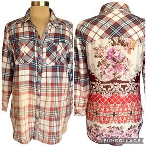 Aratta Silent Journey Mixed Print Flannel Chiffon Button Up Shirt Boho Size MED